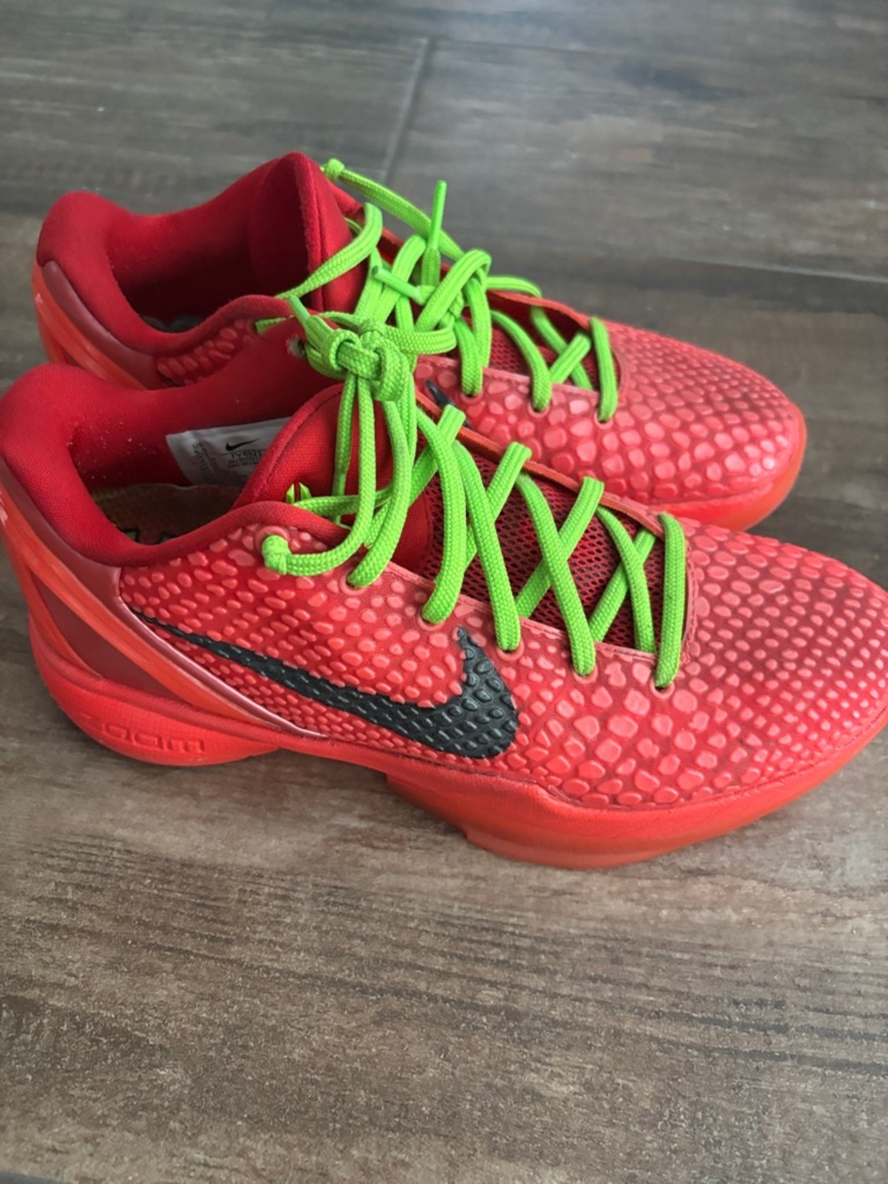 Nike Kids Red Sneakers with Neon Green Laces and Black Swoosh